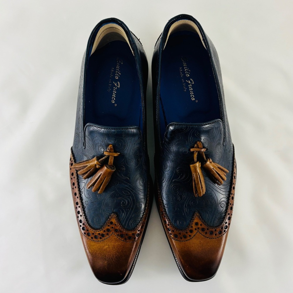 Emilio Franco Navy Blue Paisley Cognac Leather Tassel Wingtip Loafers Italy Sz 7 - Picture 3 of 13